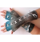 Corset Fingerless Gloves Mittens Gray Blue Azure Arm Warmers Wool