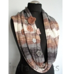 Infinity Scarf Cowl Wrap Brown Striped Beige Gray and Crocheted Flower