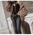 Women Cardigan Sweater Hand-Knitted Pom Pom Sleeve Dress Sexy Open Front Coats