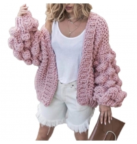 Women Cardigan Sweater Hand-Knitted Pom Pom Sleeve Dress Sexy Open Front Coats