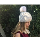 Alpine Cabled Hat, Winter Beanie, worsted weight yarn faux fur pom pom
