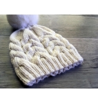 Alpine Cabled Hat, Winter Beanie, worsted weight yarn faux fur pom pom