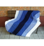 Hand knitted blanket afghan blue deep teal white stripes