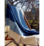 Hand knitted blanket afghan blue deep teal white stripes